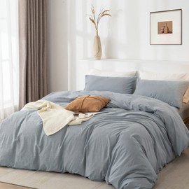 TIPTOE BEAR Queen Duvet Cover Set- 100% Washed Cotton 3 Pcs Soft Comfy Breathable Chic Linen Feel Bedding, 1 Duvet Cover and 2 Pillow Shams, Cornflower Blue