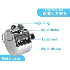 Hitopin 8 Pieces Hand Tally Counter, Manual Mechanical Counter, Metal Hand Tally Counters, 4 Digit Hand Tally Counters, Click Counter with Finger Ring, for Counting, Coaching, Golf, Fishing (Slivery)