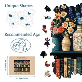 Wildflower Wooden Puzzles for Adults, PICKFORU Vintage Flower Book Jigsaw Puzzle for Book Lover, Bookshelf Unique Shapes Wood Puzzles
