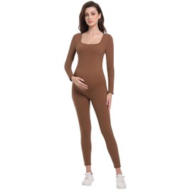 V VOCNI Maternity Jumpsuit Women's Square Neck Long Sleeve Bodycon T Shirts Yoga Leggings Romper Pregnancy Bodysuit Coffee Medium