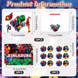 yumcute 12 Invitations Superhero Invitations Children's Birthday Party Invitations with Envelopes and Stickers Birthday Party Invitations Spider Invitations Children for Girls and Boys