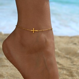 Jewigo Ankle Bracelets for Women 18K Gold Plated Dainty Satellite Cross Beads Tiny Beaded Lip Link Chain Anklets Simple Summer Beach Foot Chain Jewelry Gifts