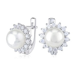 SILVEGO Women's Earrings 925 Sterling Silver with Genuine White Pearl 8 mm, Sterling Silver, Pearl