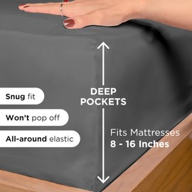 Royale Linens - Sábana bajera de microfibra cepillada, 1800 hilos, ultrasuave, resistente a las arrugas y a la decoloración, bolsillo profundo de 41 cm, sábana elástica (individual XL, color gris)