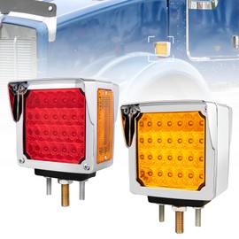RED WOLF Truck Trailer Pedestal Light Turn Signal Marker Light Amber/Red Square Double Face 52 LEDs Three Stud Mount for Peterbilt Kenworth Freightliner Mack Western Star Fender Lamp