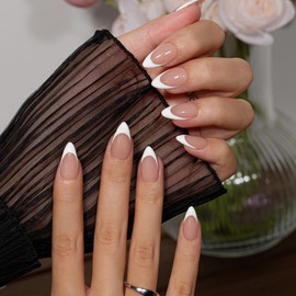 KQueenest Press On Nails French Tip - White Nails for Sticking, Short Almond, Natural Nude Fake Nails, Artificial Fingernails for Sticking, Simple Acrylic Nails for Women, Pack of 30