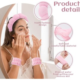 4 Pcs Women Soft Spa Headband and Wristband Set, Plush Terry Cloud Design, Cute Hair Band for Makeup and Face Washing (Pink, One Size)
