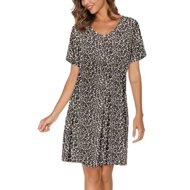 Kabento Nightgowns for Women Cotton Sleep Shirts Short Sleeve Sleepwear, Leopard, Large