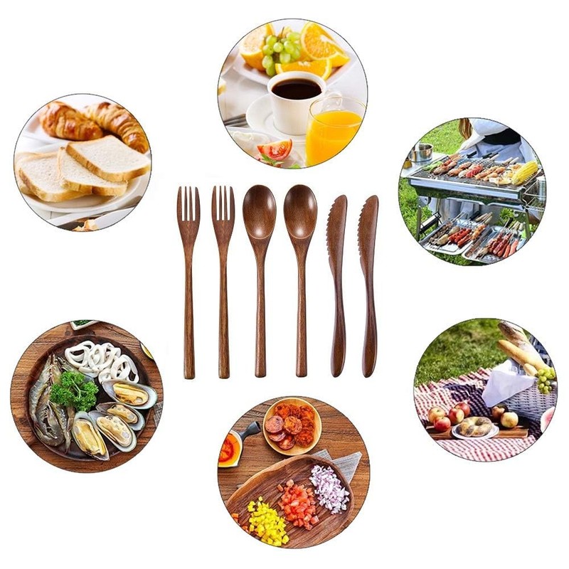 Wooden Spoon Fork Knife Eating Flatware Set Portable Utensil Set