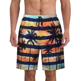 Runchenya Mens Swim Trunks with Mesh Lining,Watercolor Palm Tree Beach Theme 9 Inch Quick Dry Board Shorts Bathing Suit Swimsuit Beach Pants Swimwear L
