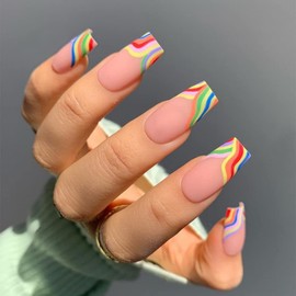 SXVME Colorful French Tip False Nails Long Square with Swirls Design Natural Nude Press on Nails Long Coffin Fake Nails for Women Daily Wear 24 Pcs