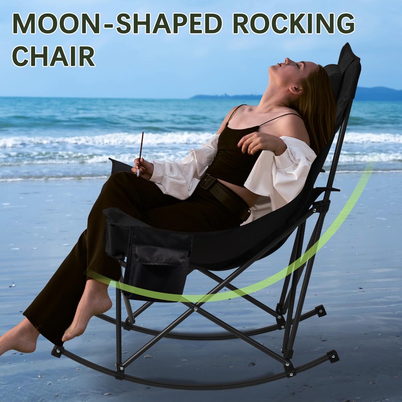 Unisakey Oversized Rocking Camping Chair with Headrest & Cup Holder