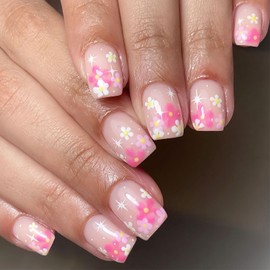 Spring Press on Nails Short Square Fake Nails Sweet Pink White Flower Designs Glue on Nails Acrylic Nail Kit with Nail Art Tools, 24Pcs Glossy Stick on Nails for Women Girls