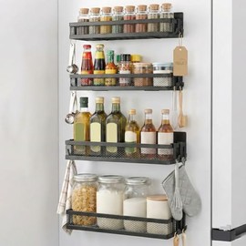 Magnetic Fridge Shelf Set, 4 Pieces with 8 Hooks - Strong Magnetic Organizer No Drilling for Kitchen, Spices & Storage