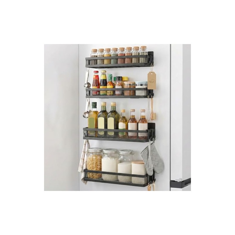 Magnetic Fridge Shelf Set, 4 Pieces with 8 Hooks -