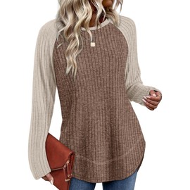 WIHOLL Long Sleeve Shirts for Women Casual Tops Fall Fashion Sweaters Lightweight Winter Clothes Paneled Apricot Brown L