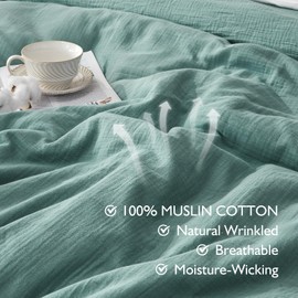 EMME Muslin Cotton Duvet Cover Set Teal King Size Linen Like Soft Breathable Lightweight Summer Comforter Cover Set with Zipper Closure (Teal, King, 104"x90")