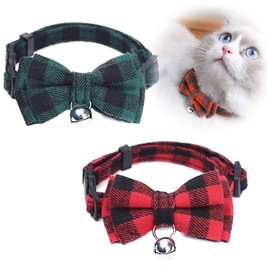 LJFEA Cat Collar for Cats with Bow Tie and Rattles, Buckle Collars with Quick Release for Cats and Kittens, Red and Green