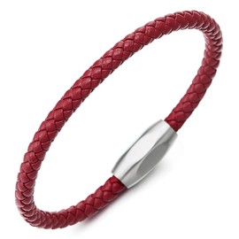 COOLSTEELANDBEYOND Minimalistischen Herren Damen Dünn Rot Geflochtenes Leder Armreif Schweißband Armband, Edelstahl Ovalen Magnetverschluss