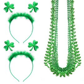 Rthjsfj 2pcs St Patrick's Day Headbands Green Shamrock Hair Hoops Head Boppers with 10pcs Shamrock Beads Necklaces for Irish Party Costume Accessories