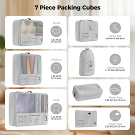 Suitcase Organiser, Yomisee Packing Cubes, 7-Piece Suitcase Organiser Set, Packing Cube Set, Travel Clothes Bags, Travel Organiser, Packing Bags for Suitcases (Grey)