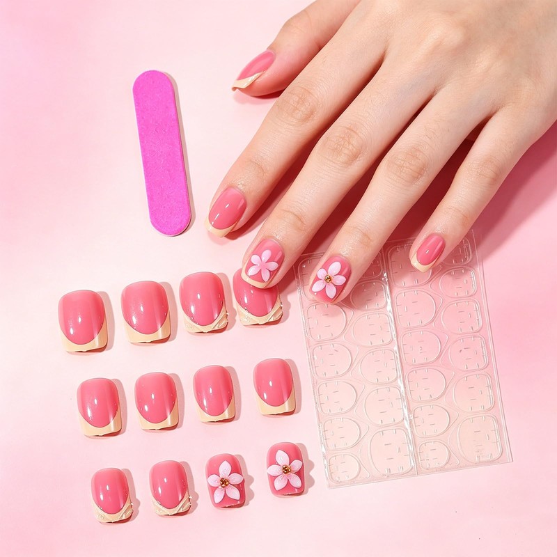 Flower Press on Nails with 3D Design Glossy Yellow French