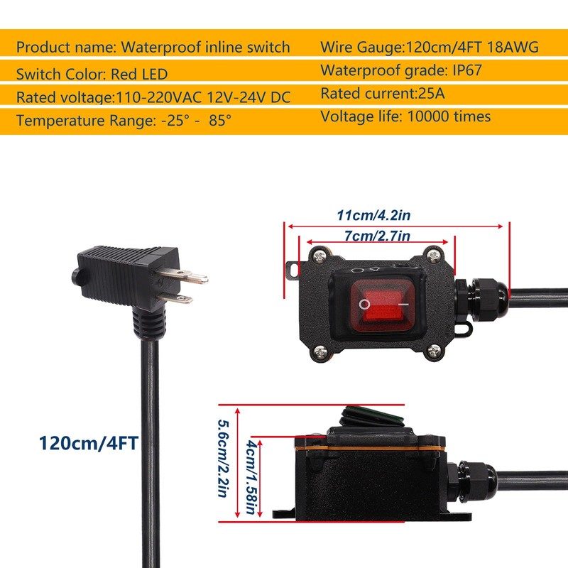 weideer Extension Cord with Switch On/Off,IP67 Waterproof Inline Cord Switch