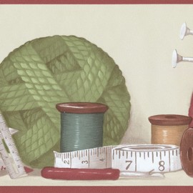 CONCORD WALLCOVERINGS ™ Wallpaper Border Vintage Pattern Sewing Threads Needles Knitting Stuff for Cottage Laundry Room Home Office, Cream Burgundy Green, 15 ft by 5.5 in BT77704LL