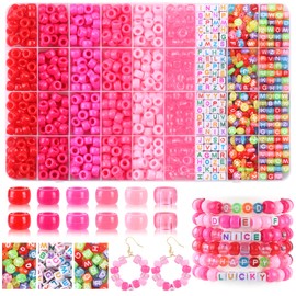 XOYTN 1280Pcs Pink Pony Beads Kit，6x9mm Plastic Pony Bead with Letter Beads for Weave Hair Braids DIY Crafts Bracelet Necklaces Jewelry Making