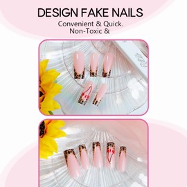 BABALAL Square Press on Nails Long Fake Nails Brown French Tip Glue ons Nails with Wild Cheetah Design Acrylic Nails Fall Cherry False Nails 24Pcs Squoval Nails