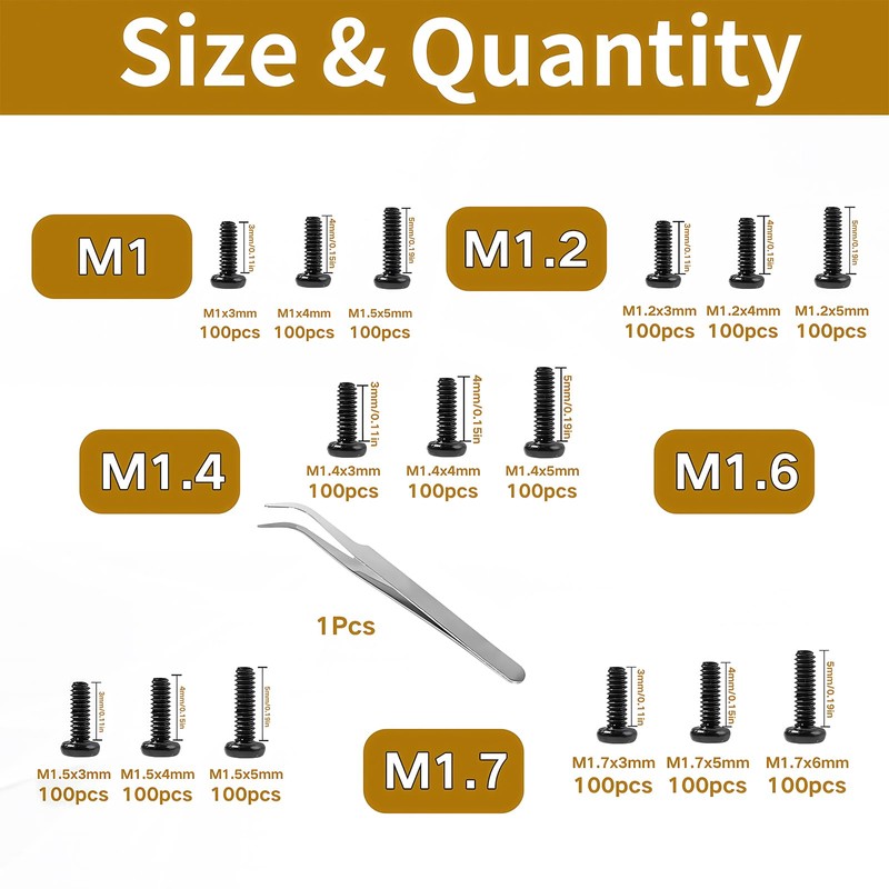 Zmbroll 1500Pcs Tiny Micro Repair Screw Metric M1/M1.2/M1.4/M1.6/M1.7 Black Carbon