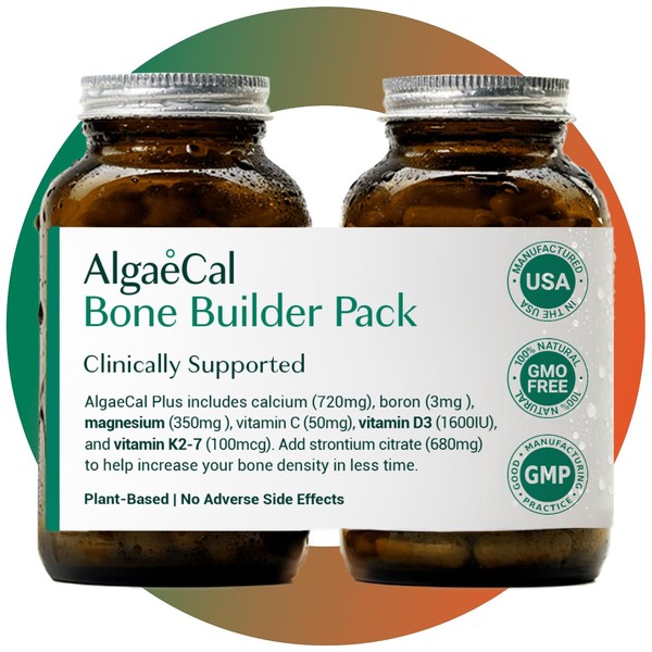 AlgaeCal - Bone Builder Pack for Bone Density Increase, Clinically Supported Plant Based Calcium Supplement & Strontium, Vitamins K2 (100mg), D3 (1600 IU), Magnesium & 16 nutrients for Bone Health