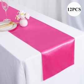 DUOBAO - Camino de mesa rosa de 12 x 108 pulgadas, paquete de 12 caminos de mesa de satén, color rosa intenso, para banquetes de boda, día festivo, fiesta de cumpleaños, graduaciones