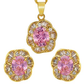 Riva Flower Jewellery Set Pendant with 45 cm Chain and Stud Earrings Oval Cut Gemstone Cubic Zirconia CZ [5 Colours Available] in 18K Yellow Gold Plated, Simple Modern Elegance, Brass, Sapphire