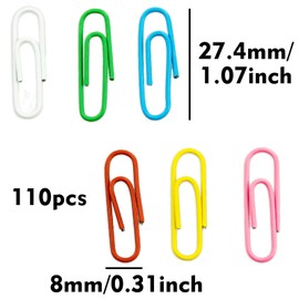 110 Pcs Coloured Paper Clips, Plastic-Coated Metal Paperclips Paper Clips Clamps with Box for Office School Stationery Document, Small Paper Clips(28mm, Assorted Color)