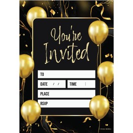 Kirsten McMillan 32 Black Gold Balloons Party Invites - Party Invitations Adult - A6 Birthday Party Invitations with Envelopes – Designed and Printed in the UK