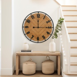 Micasso Large Farmhouse Wall Clock: 27 Inch Rustic Antique Wood Silent Battery Operated Clock with Metal Circle and Large Numerals for Living Room/Bedroom/Office
