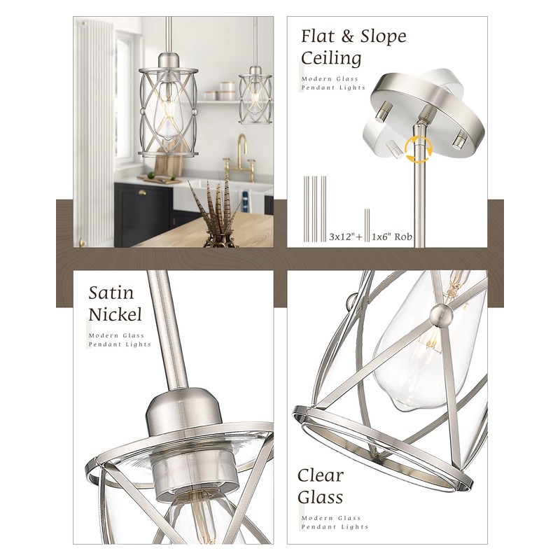 Osimir Brushed Nickel Pendant Lights Kitchen Island 3 Pack, Glass