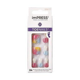 KISS imPRESS No Glue Pedi Press-On Toenails, Rainbow color with Rhinestone, Pink, Light Blue, Glitter, Squoval Shape, Includes 24 Nails, Prep Pad, 1 Manicure Stick, 1 Mini File