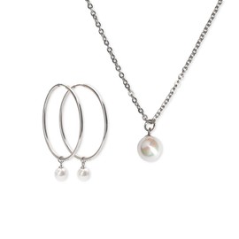 LuckyLy Set Juego de Joyería para Mujer con Perlas Naturales, Aretes y Collar de Acero Inoxidable Color Plata – Regalos para Mujer Cumpleaños y Regalos para Mujer Originales, Modelo Adele