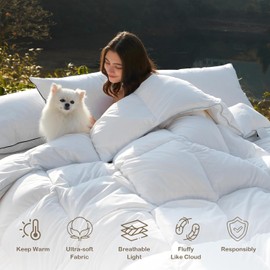 DWR Heavyweight Down Feather Fibers Comforter Twin, Ultra-Soft Cotton Blend Fabric, High Fill-Power 42oz Thick Hotel Style Winter Warm Duvet Insert for Cold Weather/Sleeper (68x90, White)