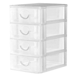 Lizzy 1 x Mini Storage Unit | 14.5cm x 9cm x 13cm | Transparent Mini Storage Tower | 4 Drawer with Handles | For Store Small Parts Crafts Desk Bathroom Kitchen Office (White)