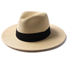 FURTALK Panama Hat Sun Hats for Women Men Wide Brim Fedora Straw Beach Hat UV UPF 80+ Black-Beige