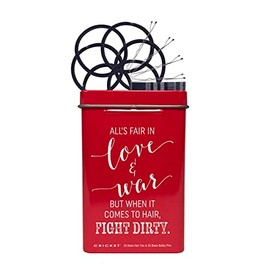 Cricket Hair Clip - Love and War Hair Tin with 25 Hair Ties & 30 Bobby Pins in Reusable Metal Tin for Home, On the Go, Salon, Barbershops, Red, 55 PC