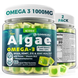 NEVISS Vegan Omega 3 Gummies 1000mg w/MethylFolate, Vitamin B12, Omega 3 Fish Oil Alternative for Adults, Plant Based DHA 460mg & EPA 230mg for Brain, Mobility, Eye & Immune, Sustainable, Sugar Free, 120 Cts