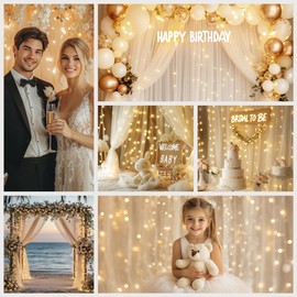 HOLITS Tulle Curtain Backdrop with 300 LED Fairy Lights for Parites Wrinkle-Free Sheer Curtain Drapes Photo Back Drop for Wedding Baby Shower Bridal Shower Birthday Home Décor - 10ft×10ft, Ivory