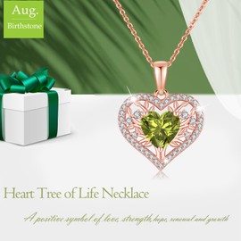 LAVUMO Tree of Life Heart Necklace Women's 925 Sterling Silver Birthstone Pendant Necklaces Birthday Gift for Women Girlfriend Mum Valentine's Day Mother's Day Christmas, Cubic Zirconia, Cubic