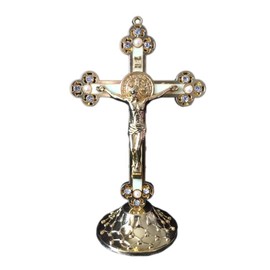 Kopinma Cross Statue Figure, Standing Crucifix Jesus Christ Cross with Base, Alloy Cross for Home Chapels Decoration and Religious Gifts (Gold)