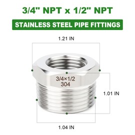 TAISHER 5PCS 304 Stainless Steel New Reducer Hex Bushing, 3/4" NPT Male x 1/2" NPT Female, Reducing Pipe Adapter Fitting