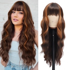 Vomella Long Dark Brown Highlights Ombre Wig 26 Inch Middle Part Lace Hairline Long Curly Wavy Wig for Women Natural Looking Synthetic Heat Resistant Fiber Wigs for Daily Party Use